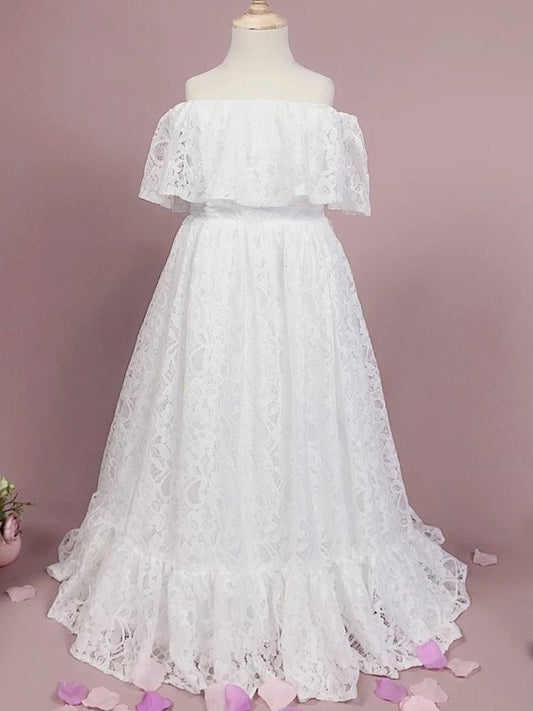 Lace Floor-Length Sleeveless A-Line/Princess Off-the-Shoulder Ruffles Flower Girl Dresses