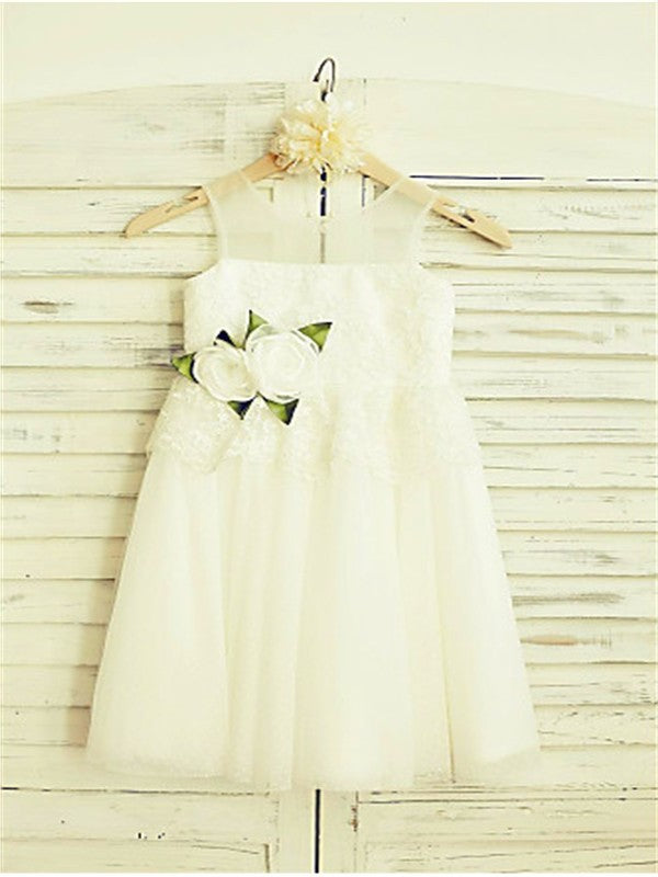 Tulle Hand-made Tea-Length A-line/Princess Straps Flower Sleeveless Flower Girl Dresses