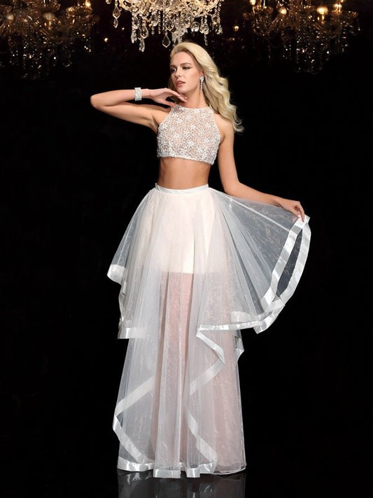 Scoop Long A-Line/Princess Applique Tulle Sleeveless Two Piece Dresses