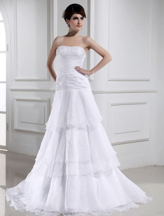 Sleeveless Beading A-Line/Princess Strapless Organza Long Wedding Dresses