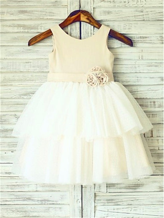 Hand-made A-line/Princess Flower Straps Tulle Sleeveless Tea-Length Flower Girl Dresses