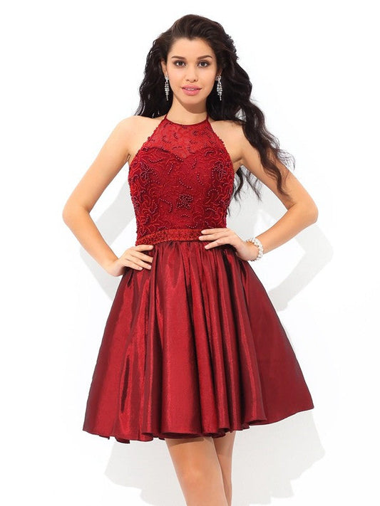 A-Line/Princess Halter Kenzie Beading Homecoming Dresses Sleeveless Short Taffeta Cocktail Dresses