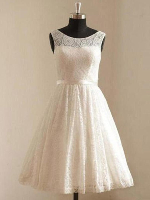 Sleeveless Lace Scoop Sash/Ribbon/Belt A-Line/Princess Knee-Length Wedding Dresses