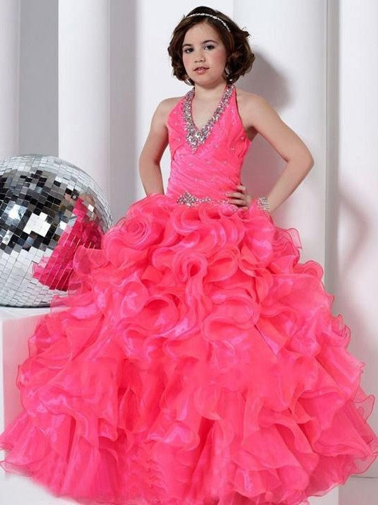 Organza Ball Beading Sleeveless Gown Long Halter Flower Girl Dresses