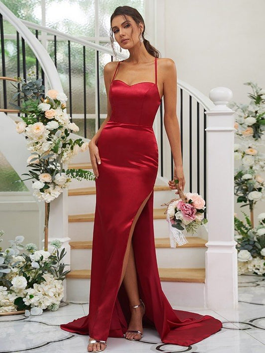 Sheath/Column Square Satin Woven Sweep/Brush Sleeveless Elastic Ruched Train Bridesmaid Dresses