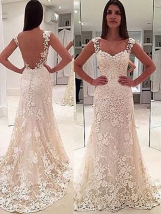 Train Sheath/Column Applique Court Sleeveless Straps Sweetheart Lace Wedding Dresses