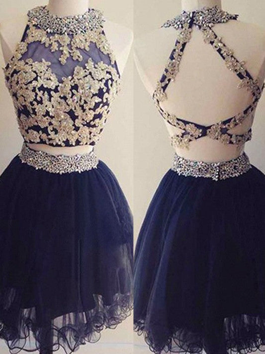 A-Line/Princess Sleeveless Halter Tulle Karla Beading Short/Mini Homecoming Dresses Two Piece Dresses