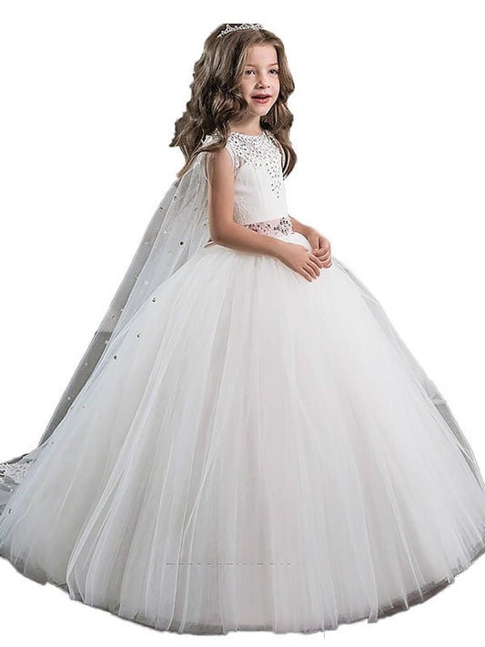 Ball Beading Floor-Length Gown Jewel Sleeveless Tulle Flower Girl Dresses