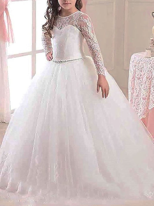 Sleeves Floor-Length Ball Long Tulle Lace Gown Scoop Flower Girl Dresses