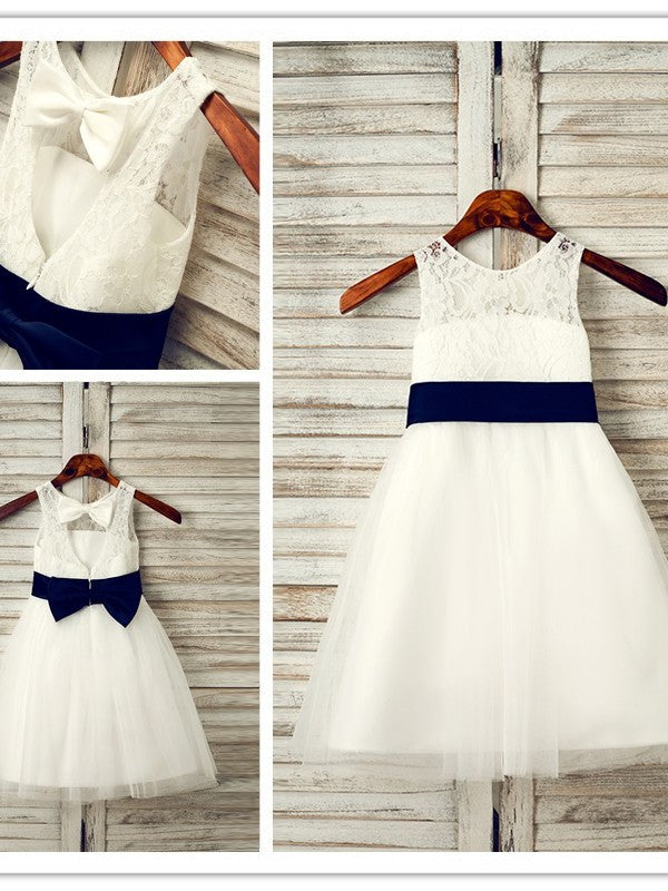 Scoop Bowknot Sleeveless A-Line/Princess Tulle Tea-Length Flower Girl Dresses