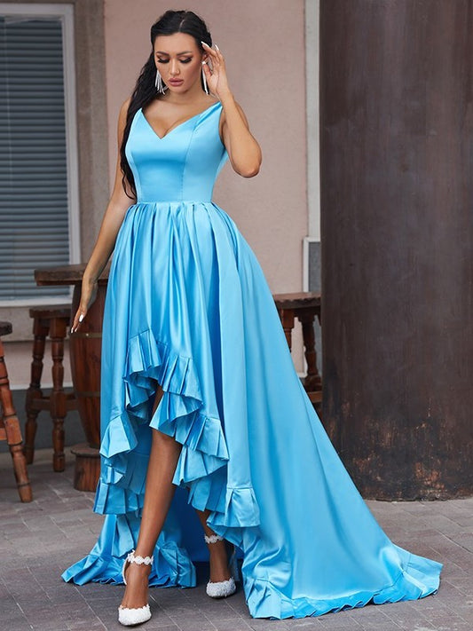 V-neck A-Line/Princess Ruffles Satin Sleeveless Asymmetrical Dresses