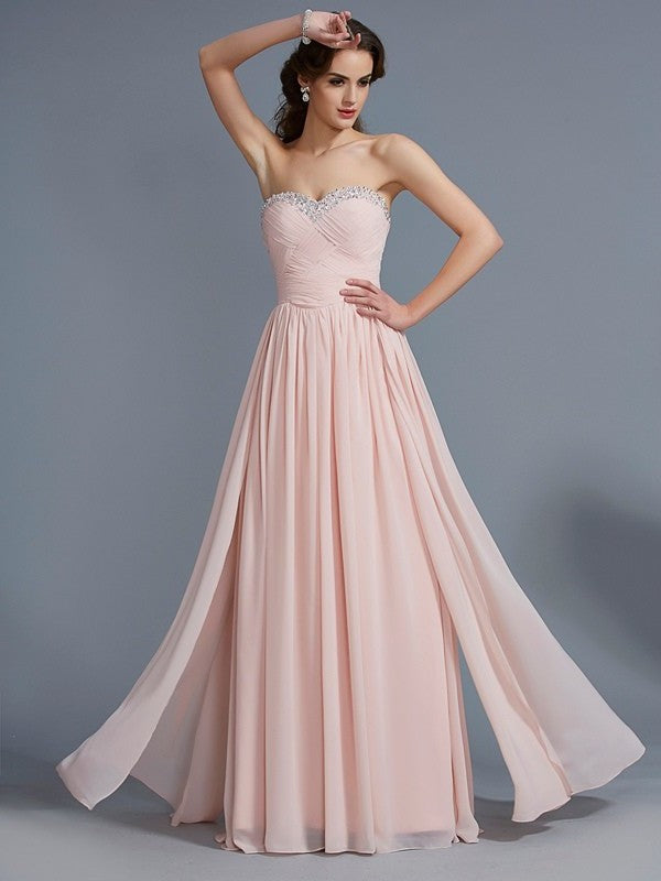 A-Line/Princess Sleeveless Sweetheart Pleats Long Chiffon Dresses