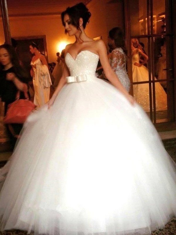 Tulle Gown Bowknot Sweetheart Ball Sleeveless Floor-Length Wedding Dresses