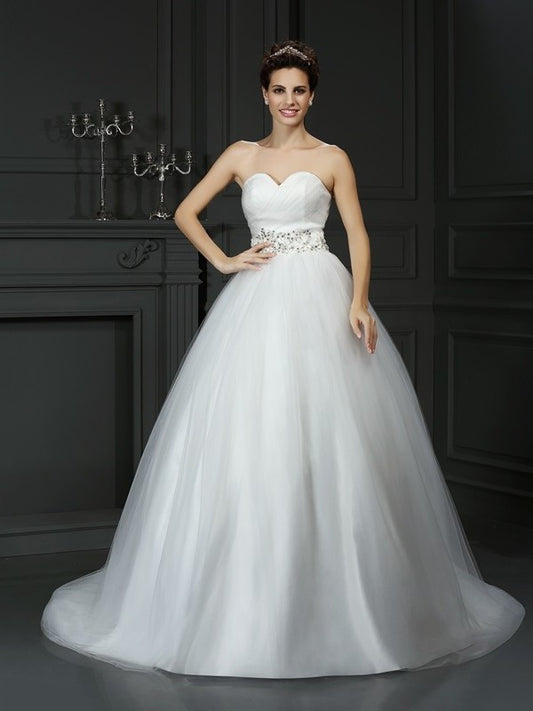 Ball Beading Long Sweetheart Sleeveless Gown Net Wedding Dresses