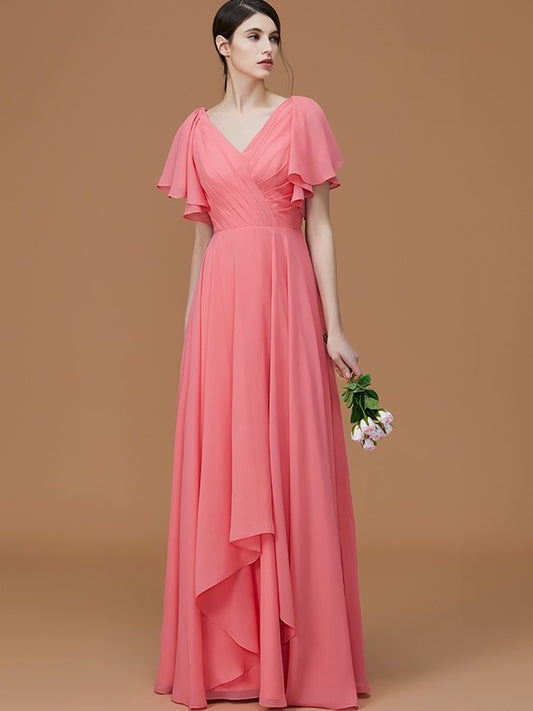 Floor-Length A-Line/Princess V-neck Sleeves Short Ruched Chiffon Bridesmaid Dresses