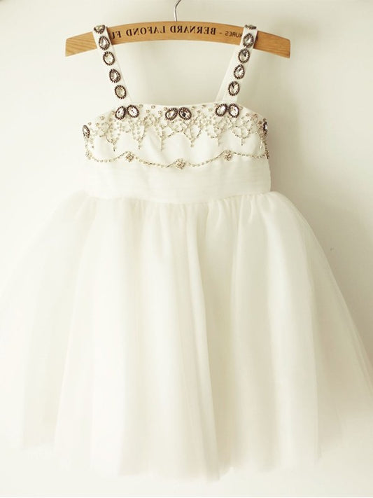 A-Line/Princess Sleeveless Tulle Straps Beading Knee-Length Flower Girl Dresses