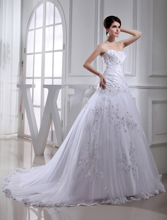 Beading Strapless Sleeveless Long Tulle A-Line/Princess Taffeta Wedding Dresses