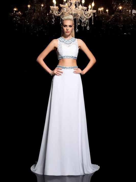 Beading Sleeveless A-Line/Princess Long Chiffon Jewel Two Piece Dresses