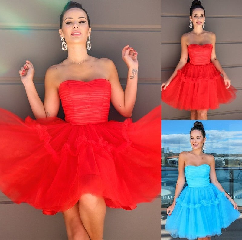 Ruffles Strapless Tulle A-Line/Princess Sleeveless Short/Mini Homecoming Dresses