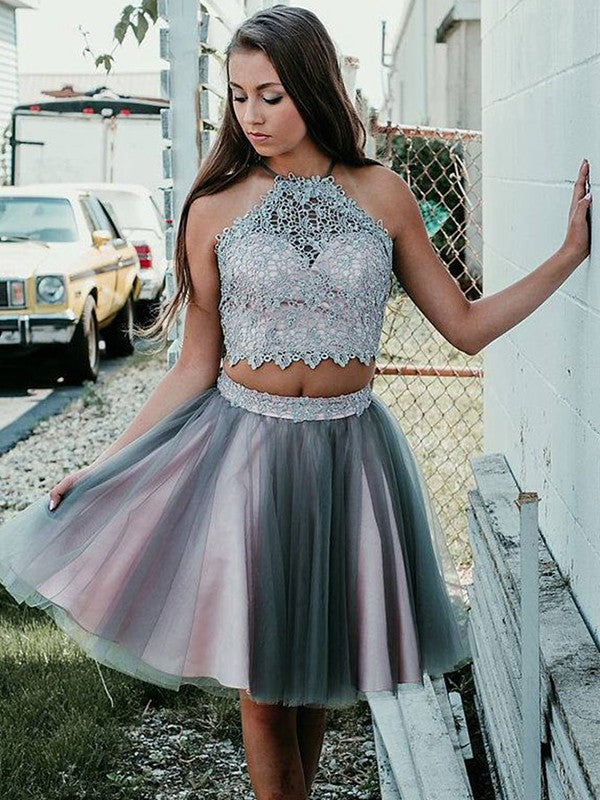 Mikaela Homecoming Dresses A-Line/Princess Applique Halter Tulle Sleeveless Short/Mini Two Piece Dresses