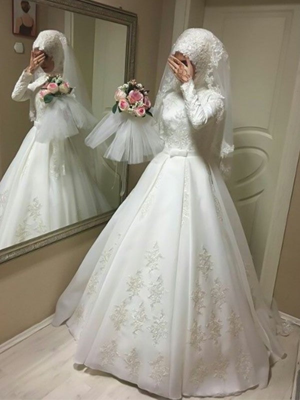 Bowknot Ball Gown Floor-Length Long Jewel Sleeves Organza Wedding Dresses