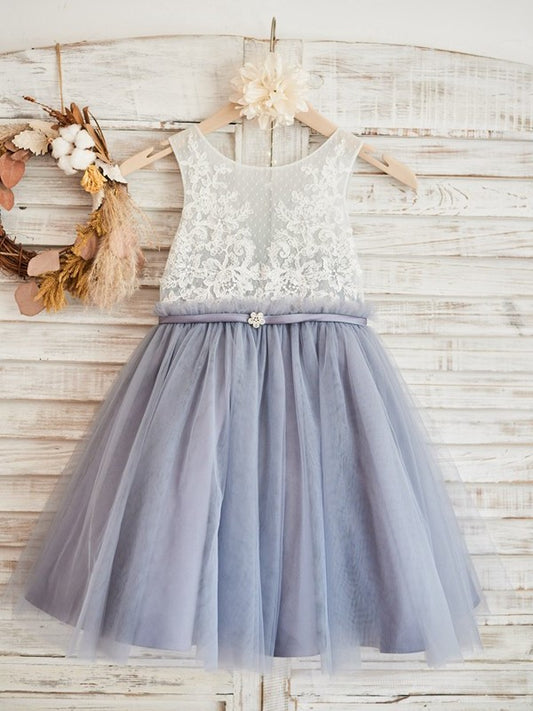 A-Line/Princess Lace Knee-Length Tulle Scoop Sleeveless Flower Girl Dresses