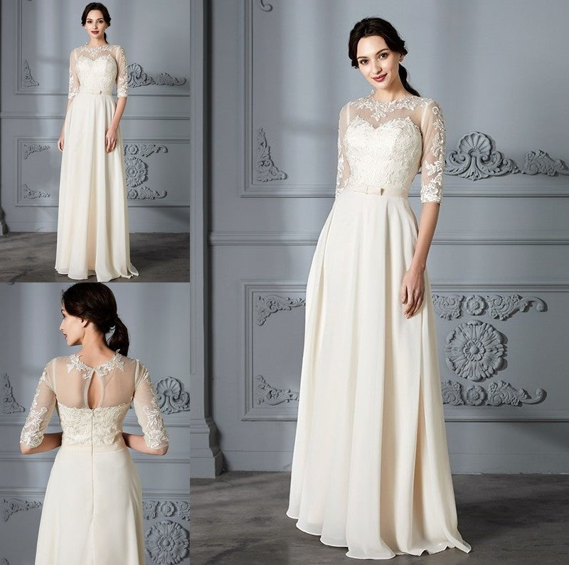 Sleeves A-Line/Princess Scoop Floor-Length 1/2 Chiffon Wedding Dresses