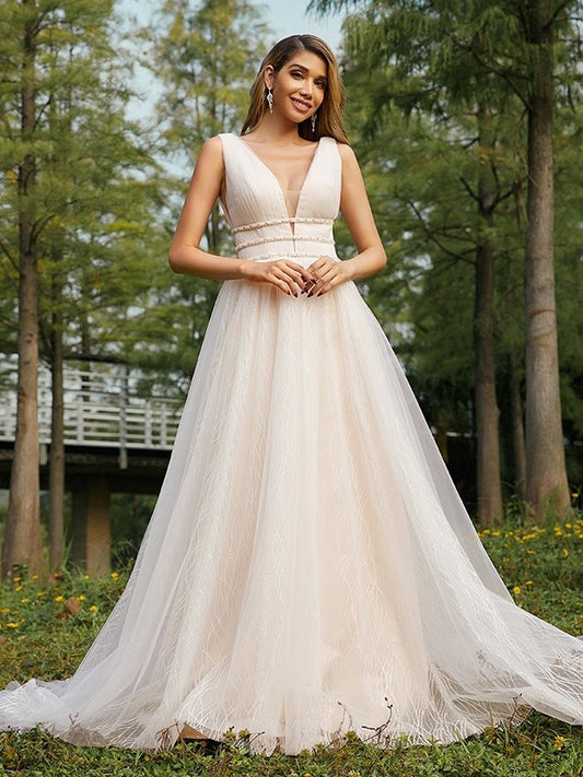 A-Line/Princess Sleeveless V-neck Ruffles Sweep/Brush Tulle Train Wedding Dresses