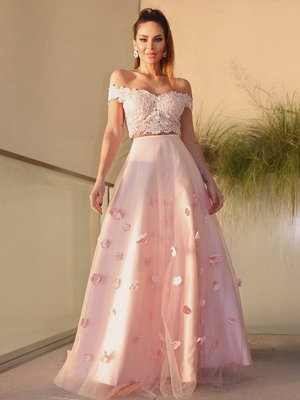 Hand-Made A-Line/Princess Sleeveless Tulle Floor-Length Flower Off-the-Shoulder Two Piece Dresses