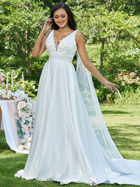 Sweep/Brush Sleeveless Applique V-neck A-Line/Princess Satin Train Wedding Dresses