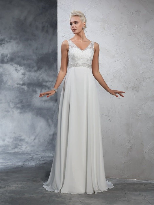 Sleeveless A-Line/Princess V-neck Long Beading Chiffon Wedding Dresses