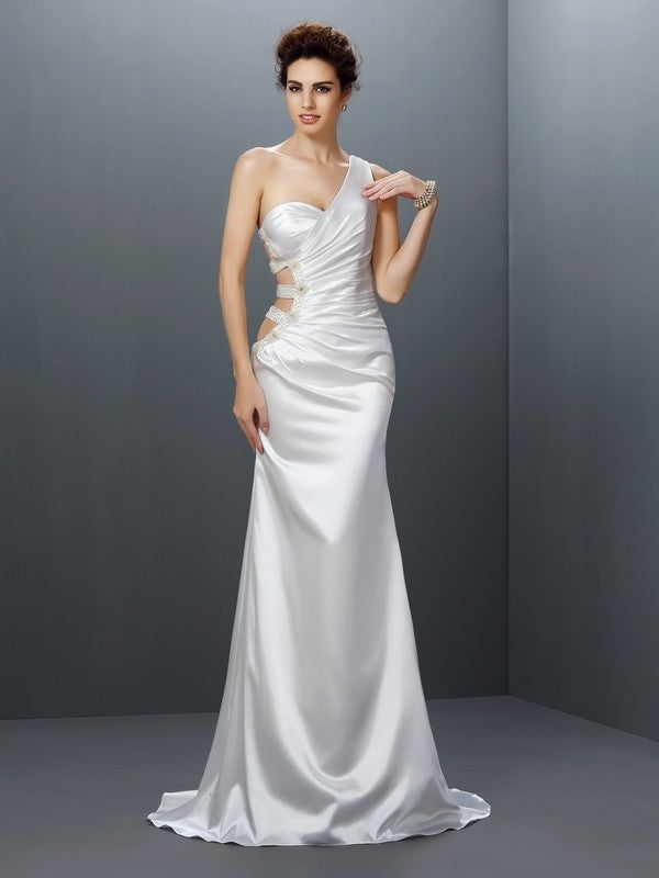 Elastic Sleeveless Trumpet/Mermaid One-Shoulder Beading Long Woven Satin Dresses