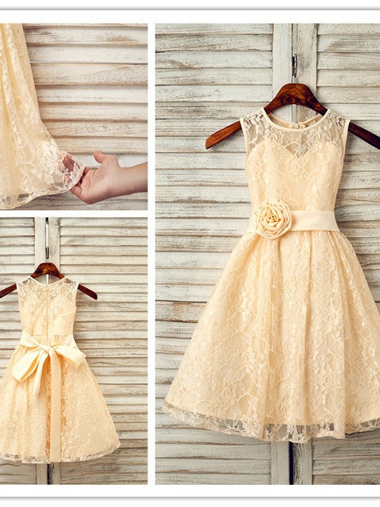 Sleeveless Lace Tea-Length Scoop A-Line/Princess Sash/Ribbon/Belt Flower Girl Dresses