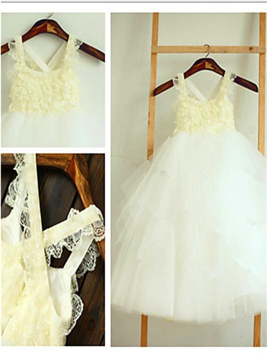 Ball Square Layers Tea-Length Sleeveless Tulle Gown Flower Girl Dresses