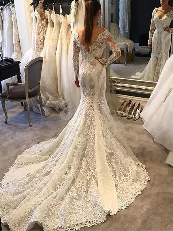 Long Trumpet/Mermaid Sleeves V-neck Court Train Lace Wedding Dresses