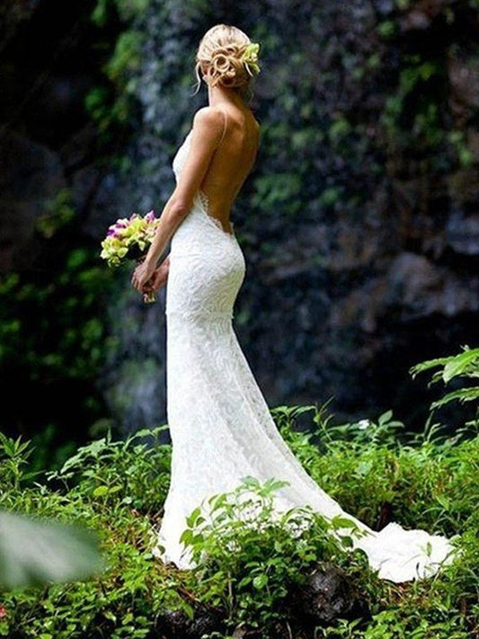 V-neck Train Straps Court Sleeveless Sheath/Column Spaghetti Lace Wedding Dresses