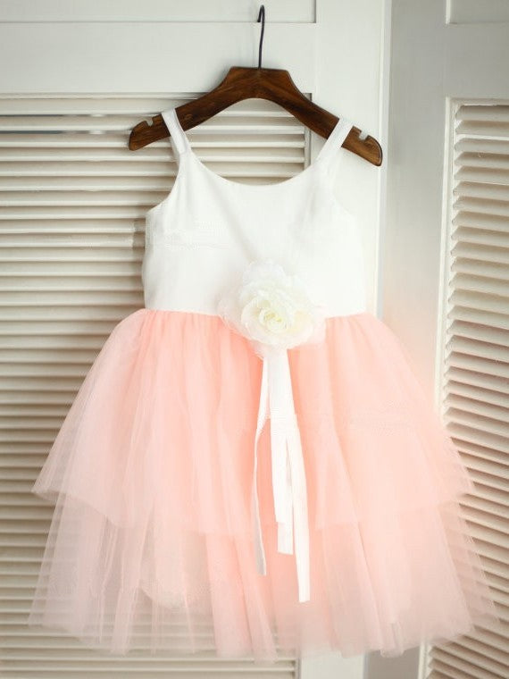 Flower Spaghetti Tulle A-line/Princess Straps Sleeveless Long Hand-made Flower Girl Dresses