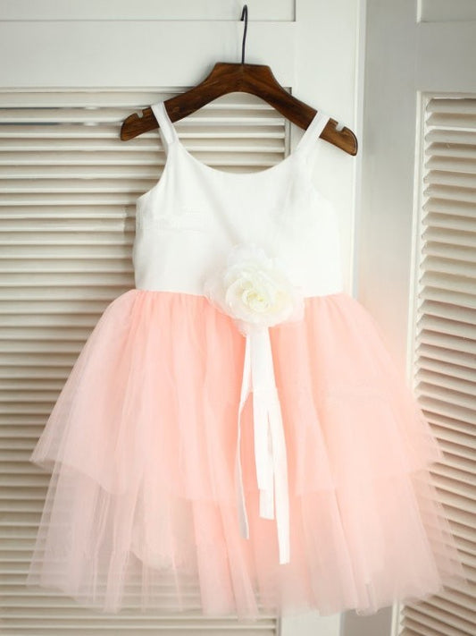 Flower Spaghetti Tulle A-line/Princess Straps Sleeveless Long Hand-made Flower Girl Dresses