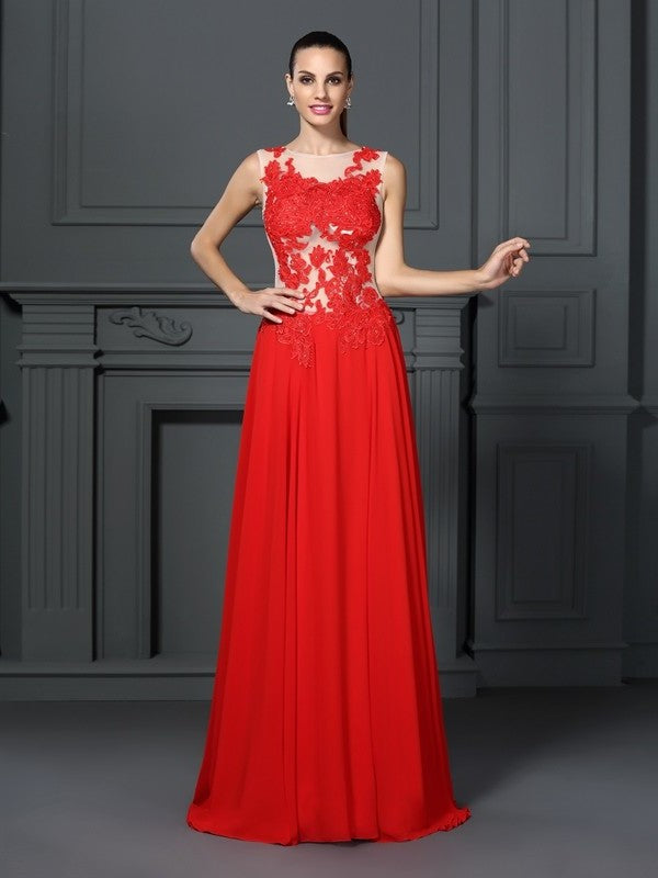 A-Line/Princess Sleeveless Applique Bateau Long Chiffon Dresses