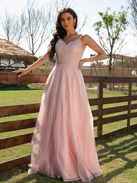 V-neck Ruched A-Line/Princess Sleeveless Floor-Length Dresses