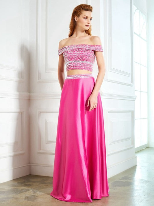 Off-the-Shoulder A-Line/Princess Sleeveless Beading Satin Floor-Length Two Piece Dresses