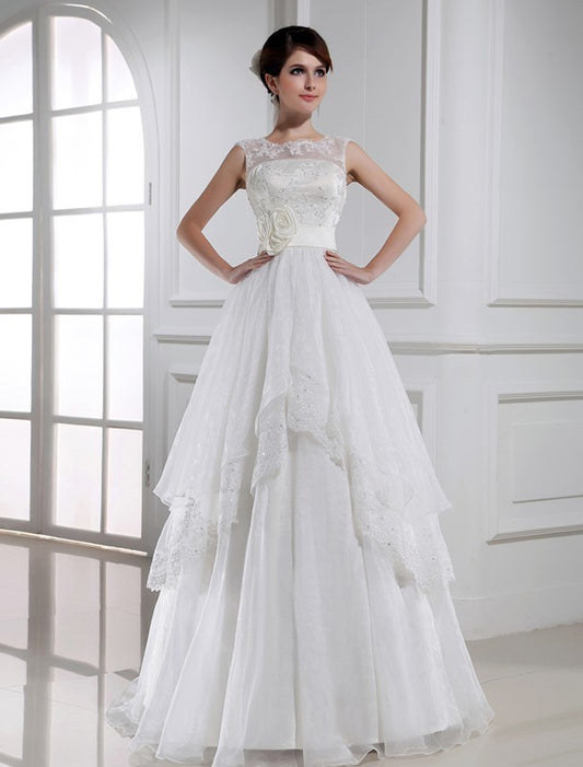 Lace A-Line/Princess Long Beading Sleeveless Organza Wedding Dresses