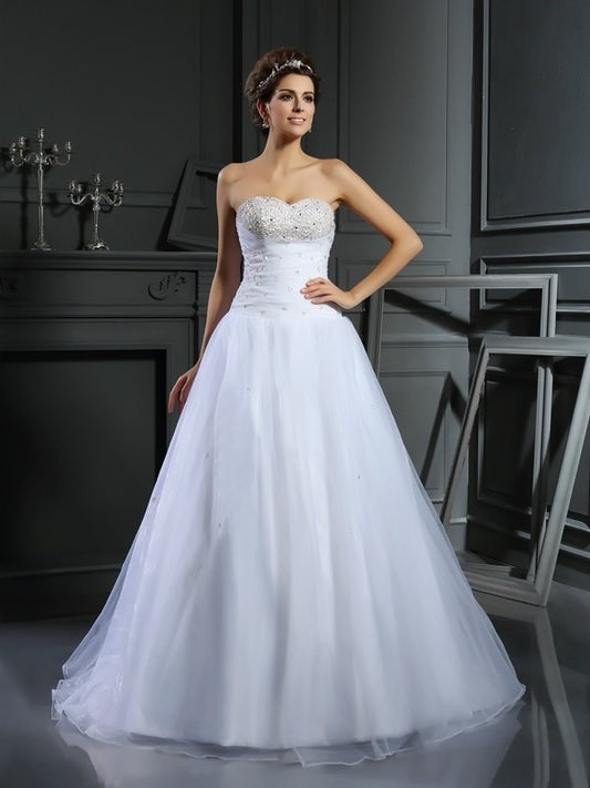 Long Gown Ball Sleeveless Beading Sweetheart Satin Wedding Dresses