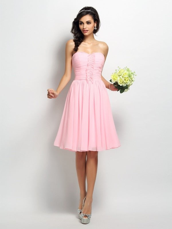 Sleeveless Pleats Strapless A-Line/Princess Short Chiffon Bridesmaid Dresses