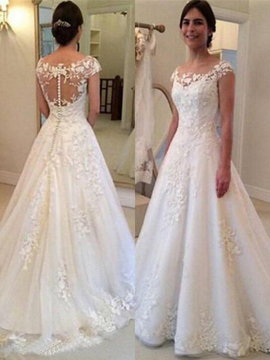 A-Line/Princess Scoop Train Sleeveless Lace Sweep/Brush Tulle Wedding Dresses