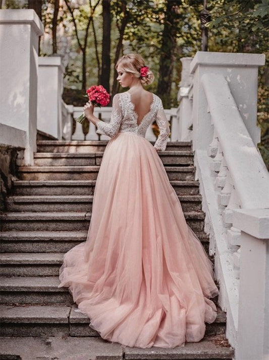 Ball Train Gown V-neck Court Sleeves Long Applique Tulle Wedding Dresses