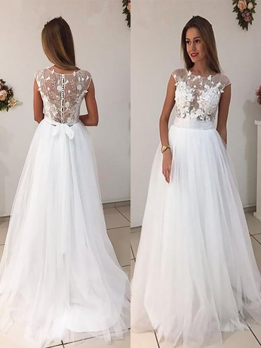 A-Line/Princess Scoop Sweep/Brush Train Tulle Sleeveless Wedding Dresses