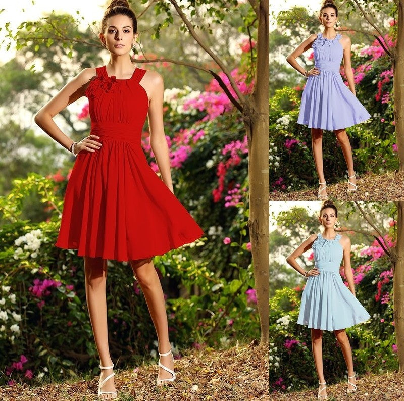 Sleeveless Hand-Made Scoop Flower A-Line/Princess Short Chiffon Bridesmaid Dresses