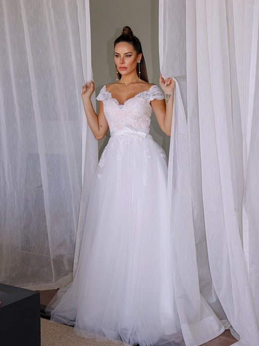 A-Line/Princess Sleeveless Tulle Lace V-neck Floor-Length Wedding Dresses