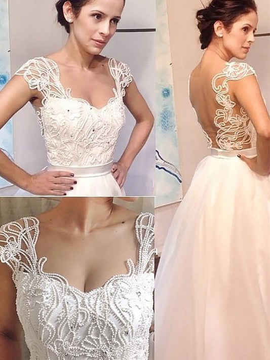 Tulle A-Line/Princess Sweep/Brush Sweetheart Train Sleeveless Wedding Dresses